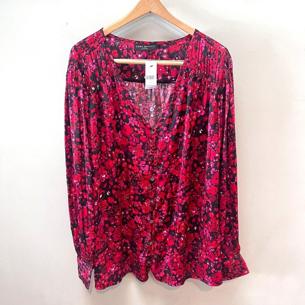 NEW Lane Bryant Red Floral Long Sleeve Blouse Size 26/28 Polyester‎ & Spandex